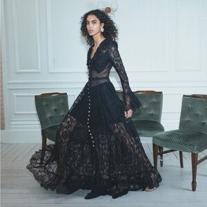 NWOT Self-Portrait BLACK LACE RUFFLE MAXI DRESS